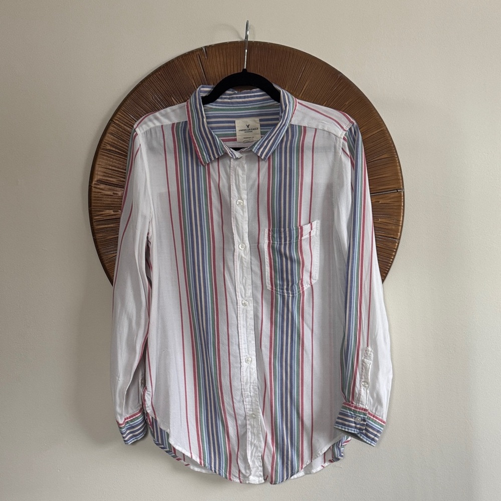 American Eagle Outfitters White Shirt with Red and Blue Stripes
